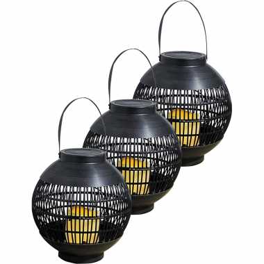 3x buiten/tuin zwarte rotan lampionnen/hanglantaarns 20 cm solar tuinverlichting