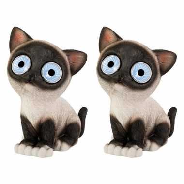 3x stuks tuinbeeld solar led tuinlichtjes/lampjes kat/poes siamees zwart/wit 16 cm koel wit