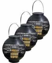 3x buiten tuin zwarte rotan lampionnen hanglantaarns 20 cm solar tuinverlichting